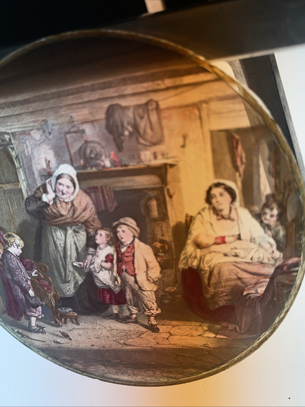 Magic Lantern Victorian Glass Round Handpainted Slide The telling off (1107)