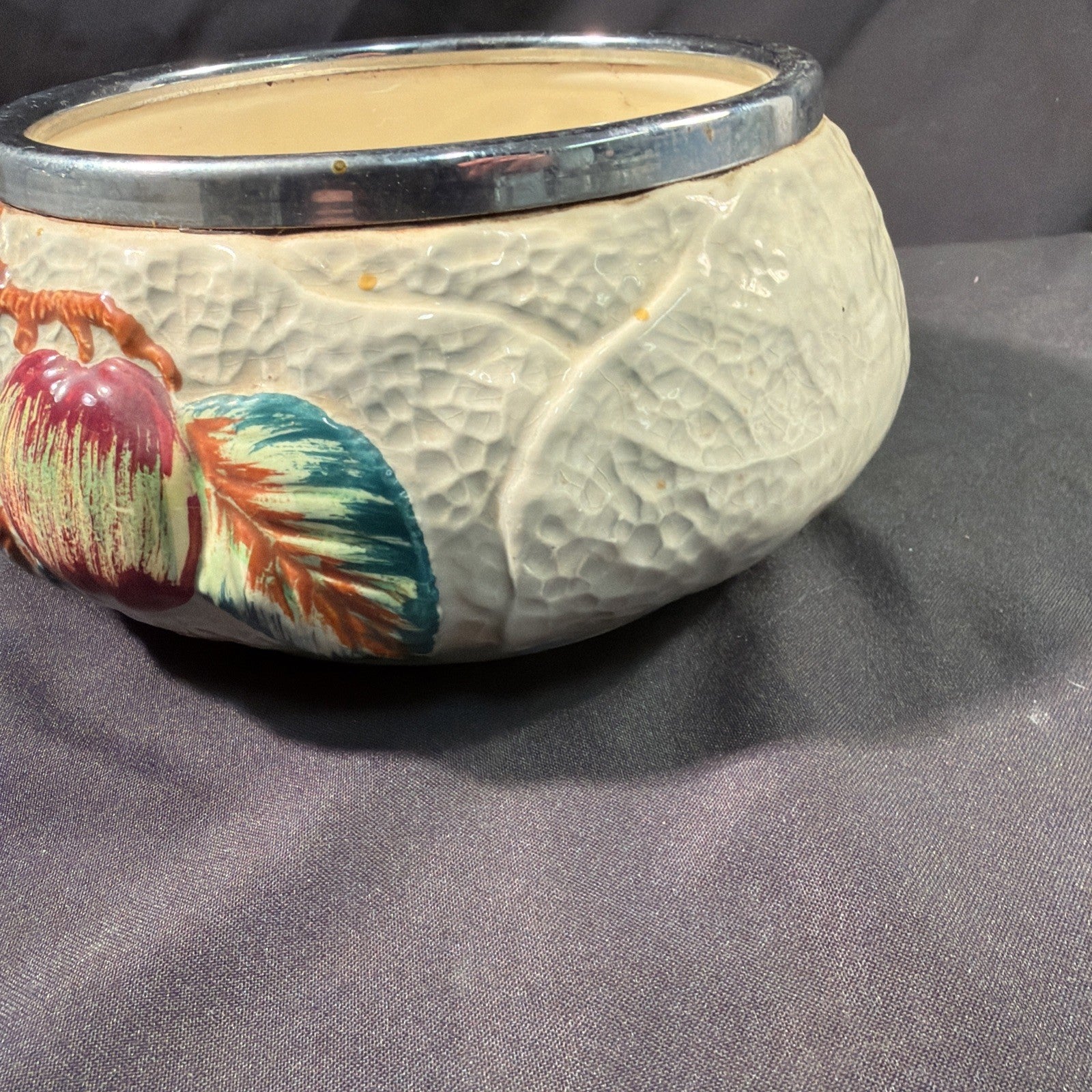 Shorter and Son Ltd Majolica Berries Vintage Bowl with metal rim - (2099)