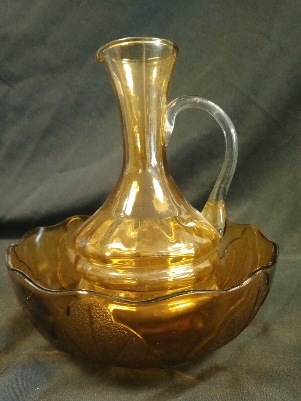 Vintage Large Amber glass bowl and Jug Stamped England - (7973)