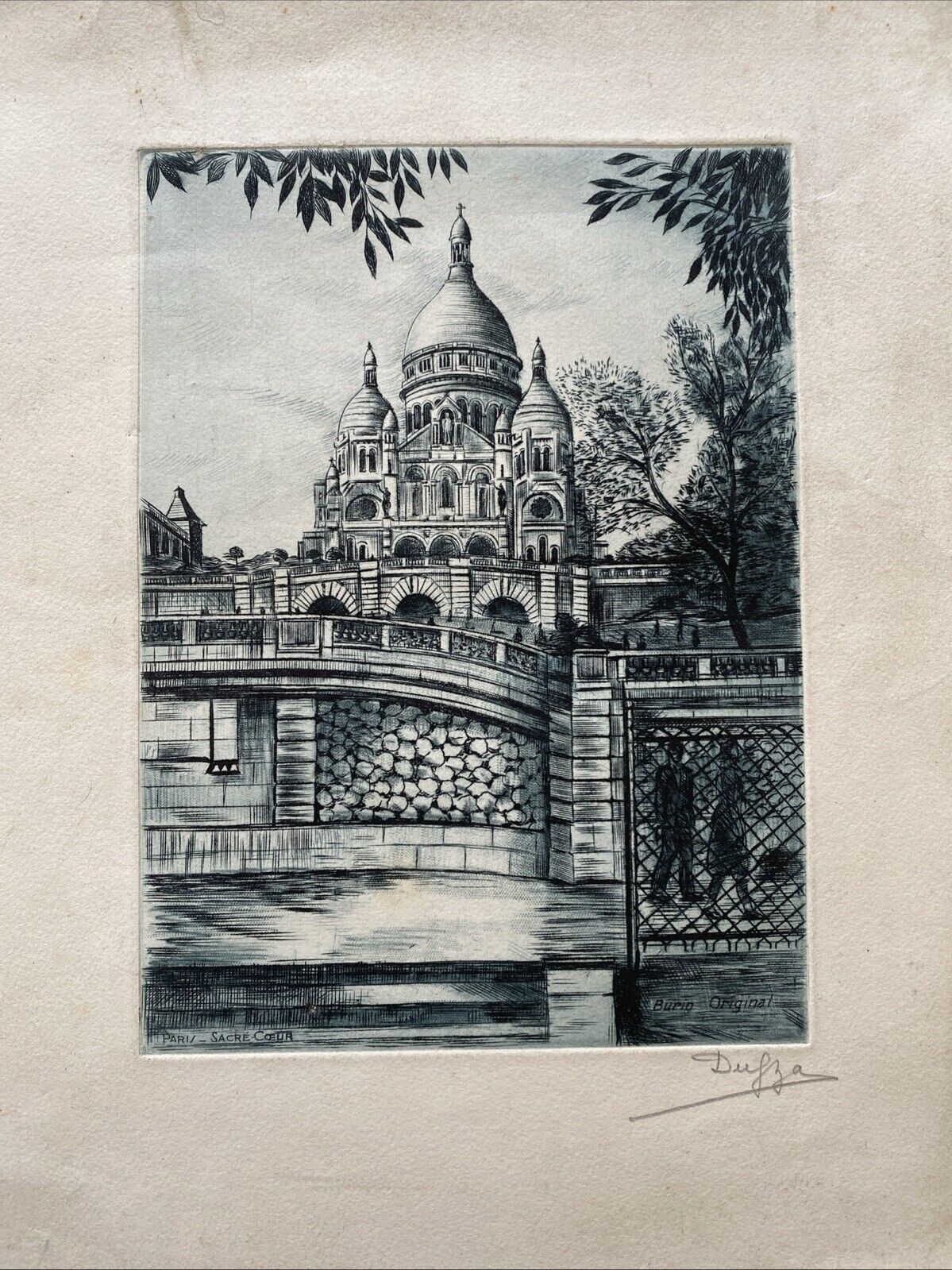 Dufza Burin Etching Sacre Coeur Paris Burin Original Signed -(5855)