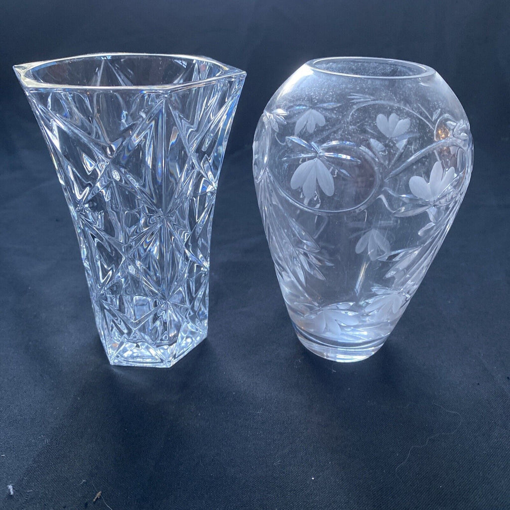 Vintage Crystal Cut and etched small Vases x 2  130mm tall - (9621)