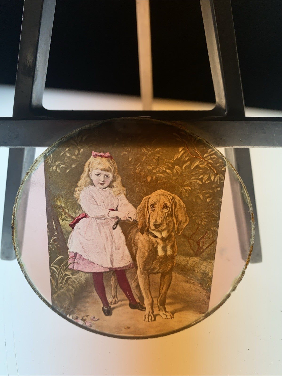 Magic Lantern Victorian Glass Round Handpainted Slide Girl and large dog (1110)