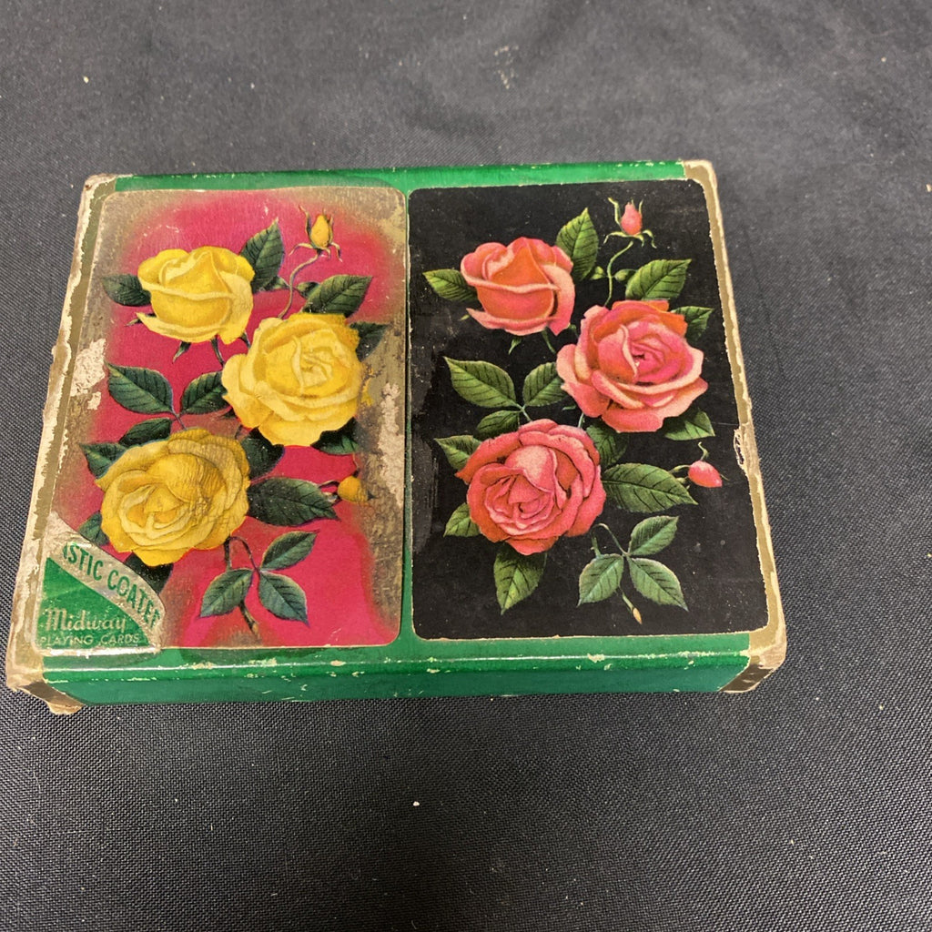 Vintage Midway Plastic Coated Playing Cards Twin Pack Roses - (1747)