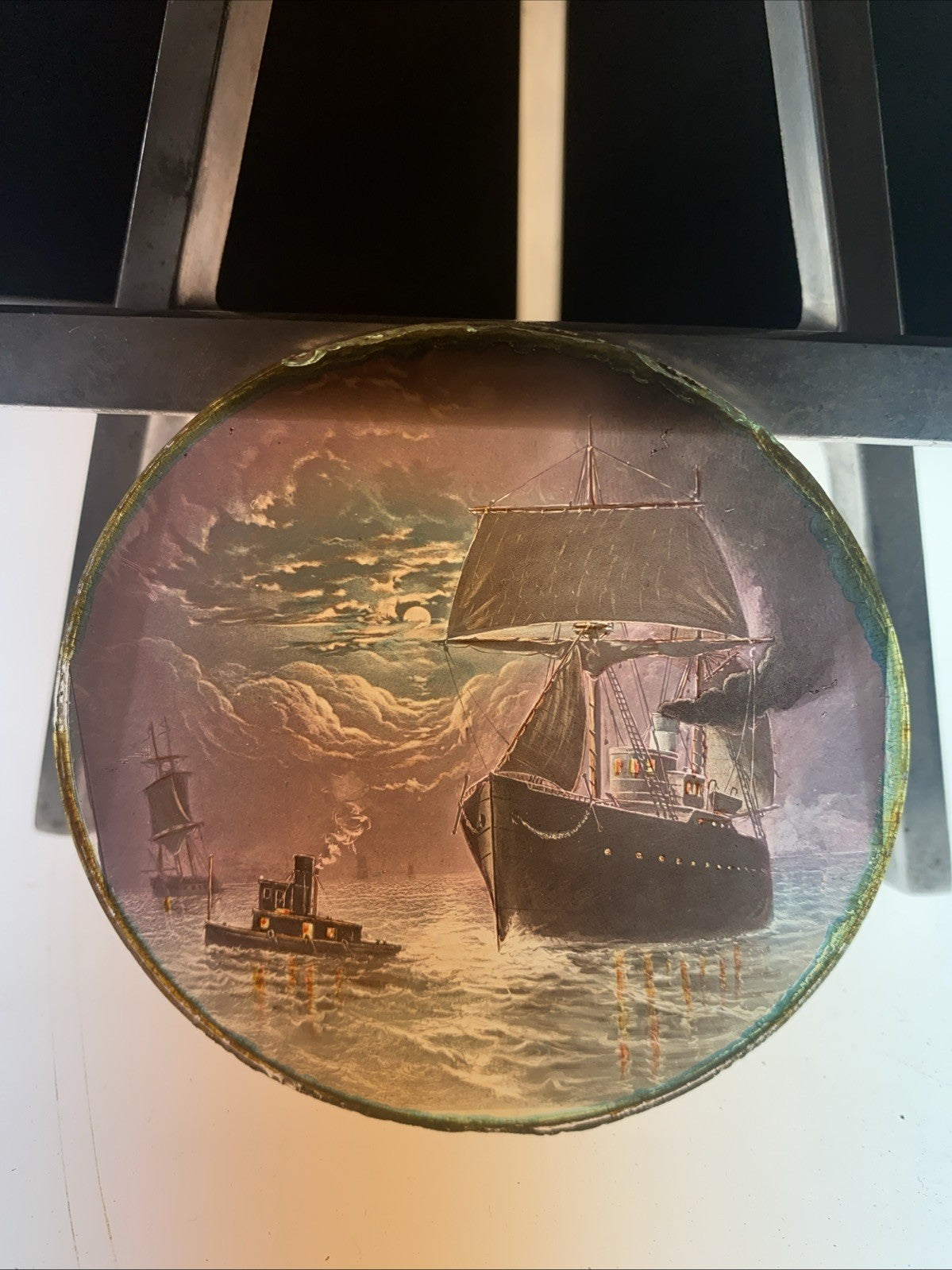 Magic Lantern Victorian Glass Round Handpainted Slide Ship and boats - (1089)