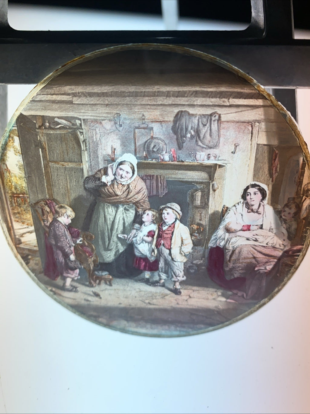 Magic Lantern Victorian Glass Round Handpainted Slide The telling off (1107)
