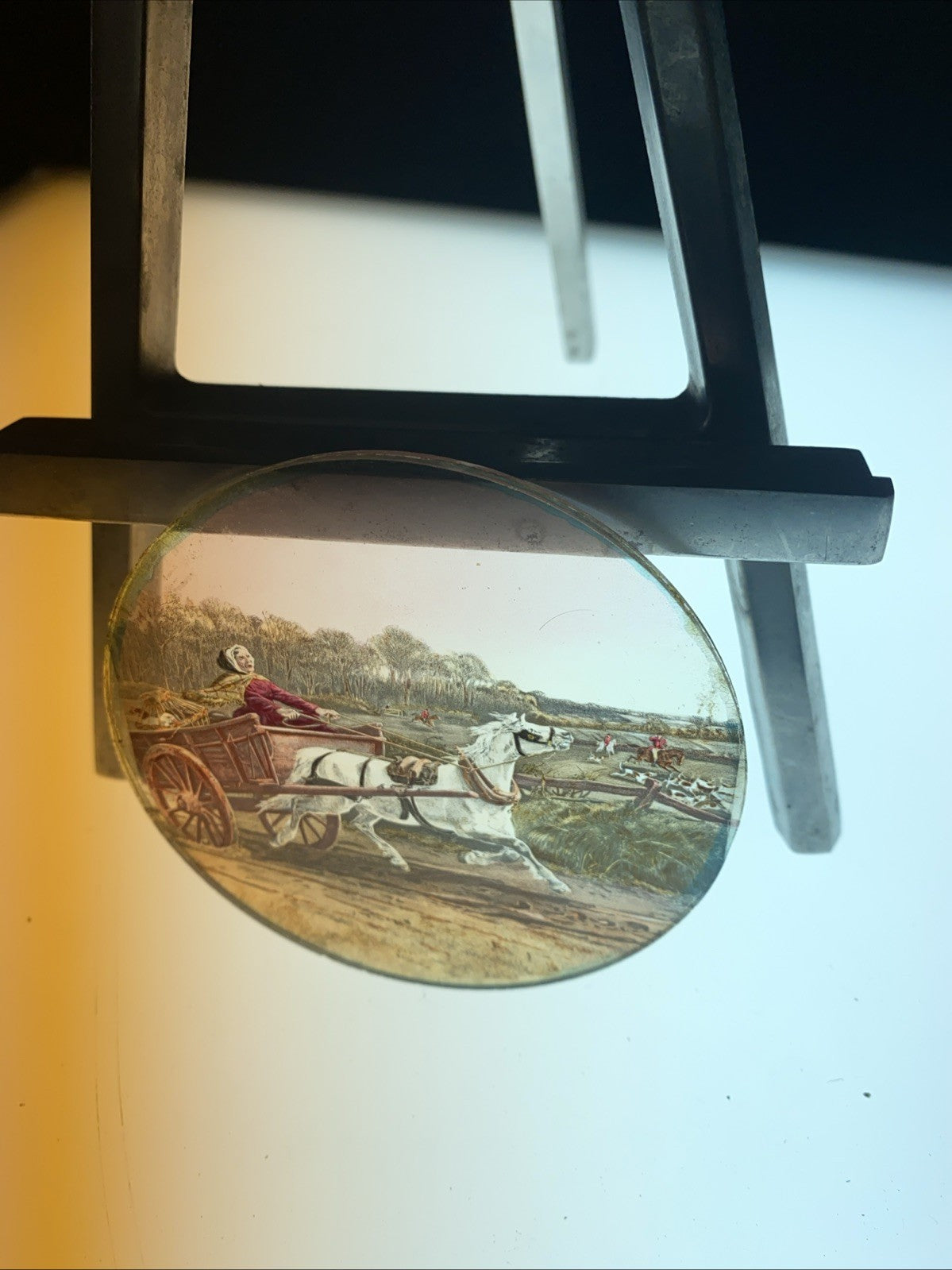 Magic Lantern Victorian Glass Round Handpainted Slide The hunt & the cart (1109)