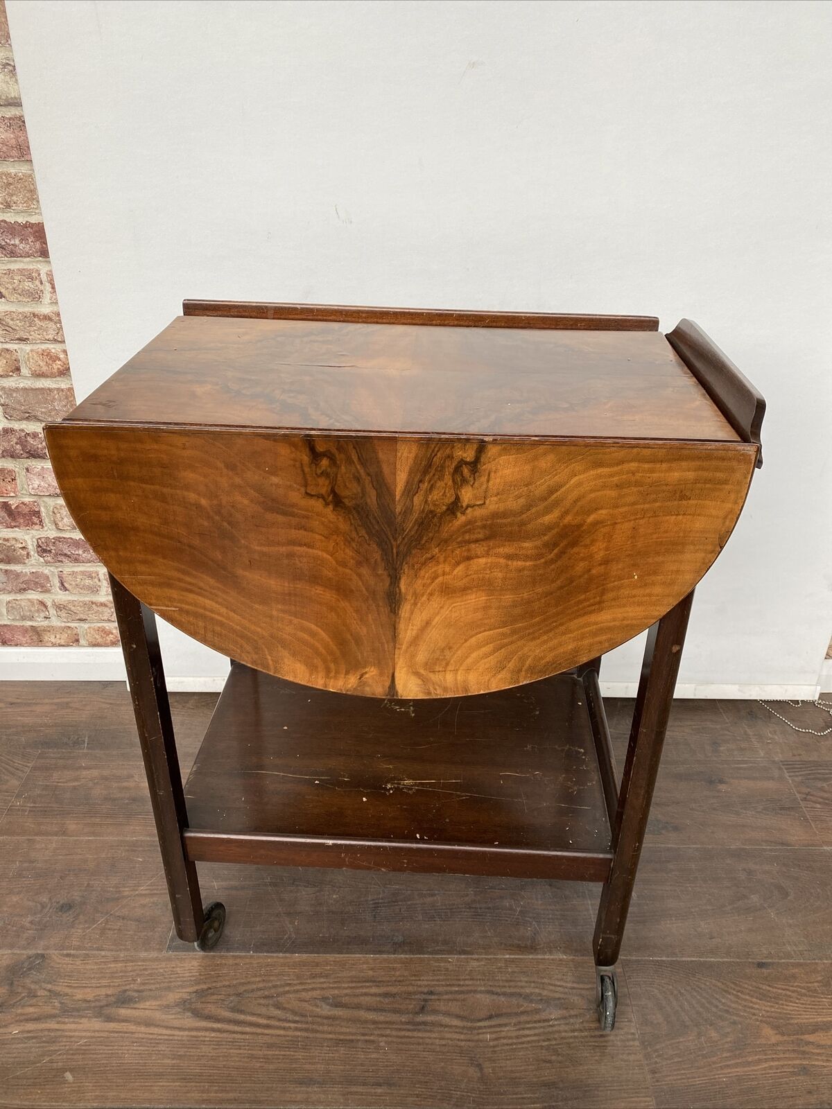 Antique Oak with walnut veneer Serving Trolley - Nice early solid trolley  drop leaf sides (8367