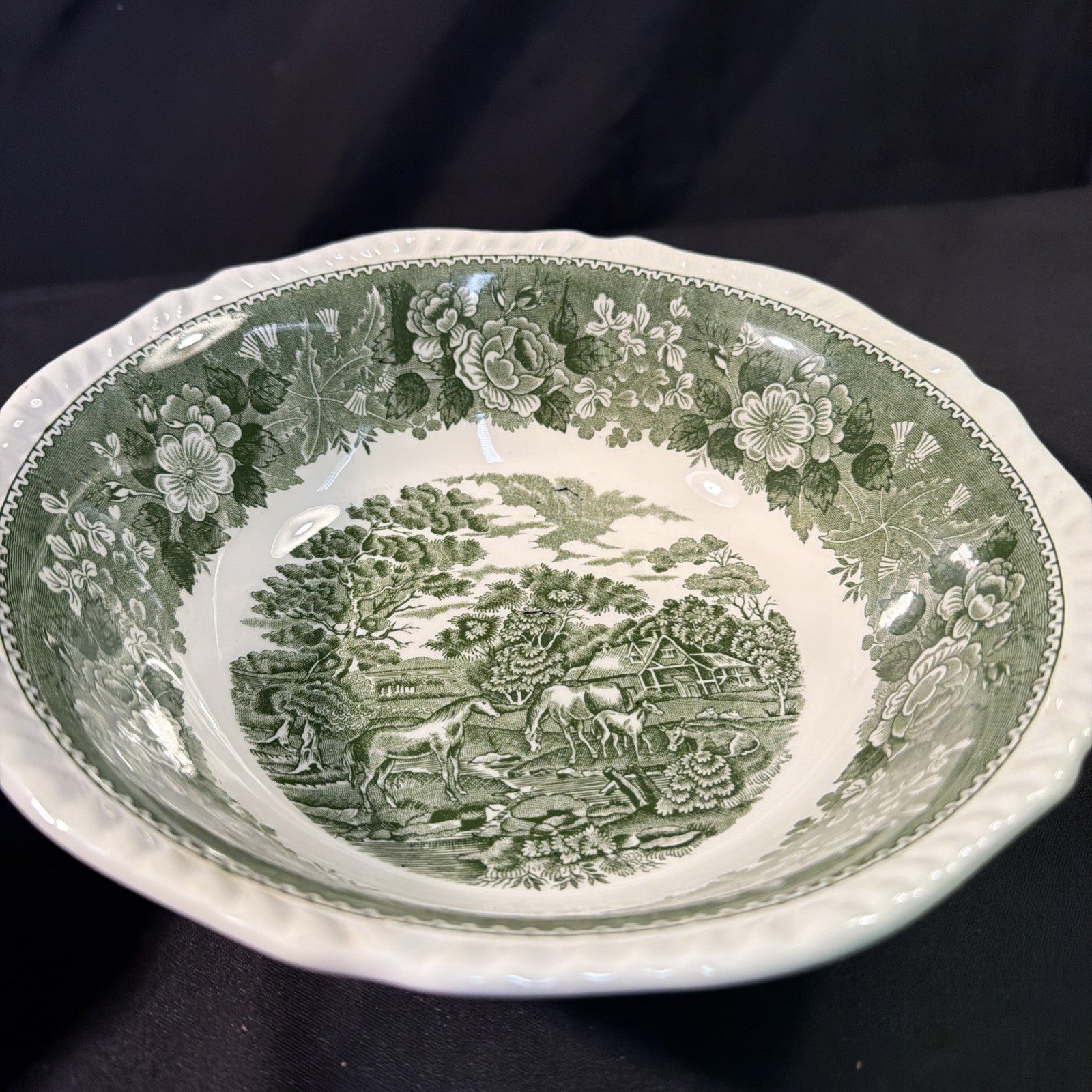 Adams Ironstone "English Scenic" Green Large Pair Serving Bowls - (2093)