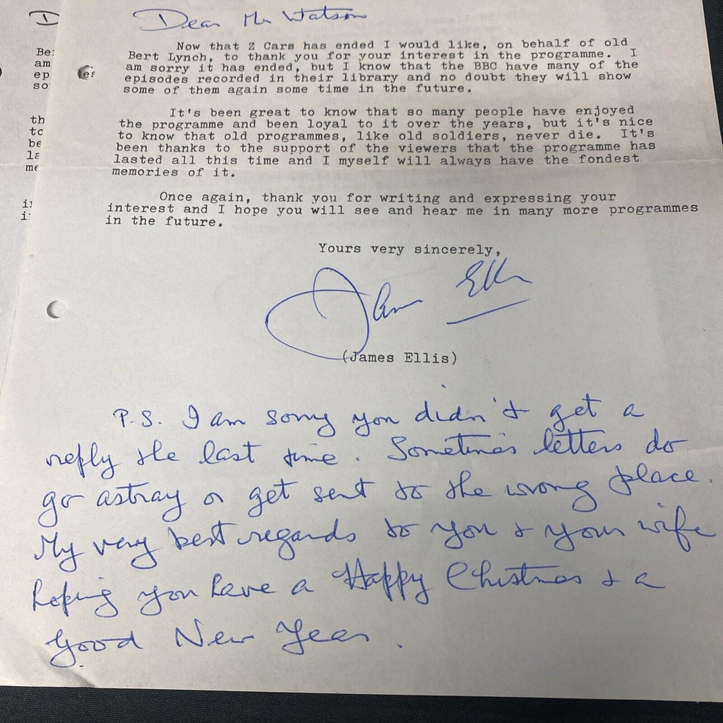 James Ellis (Bert Lynch Z Cars) 2 Letters both hand signed Autographed (8945)