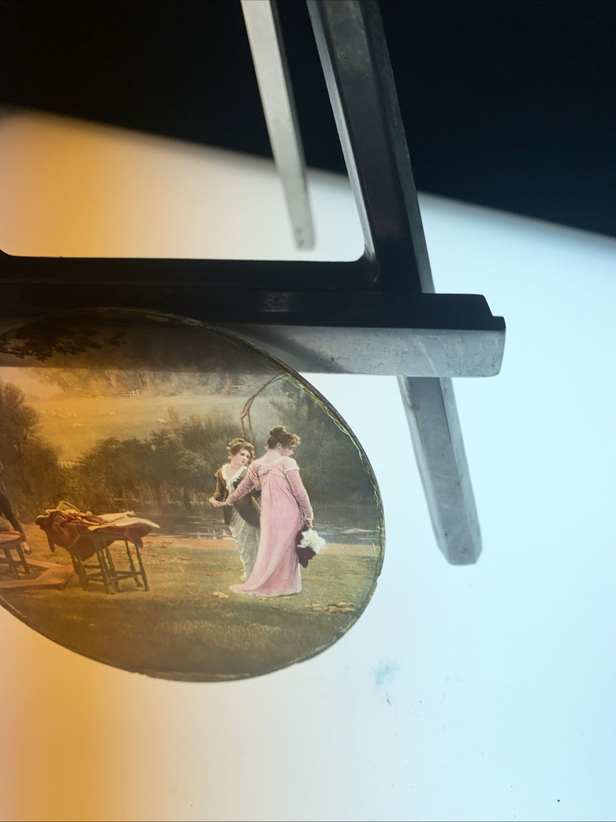 Magic Lantern Victorian Glass Round Handpainted Slide Spring by the lake (1104)