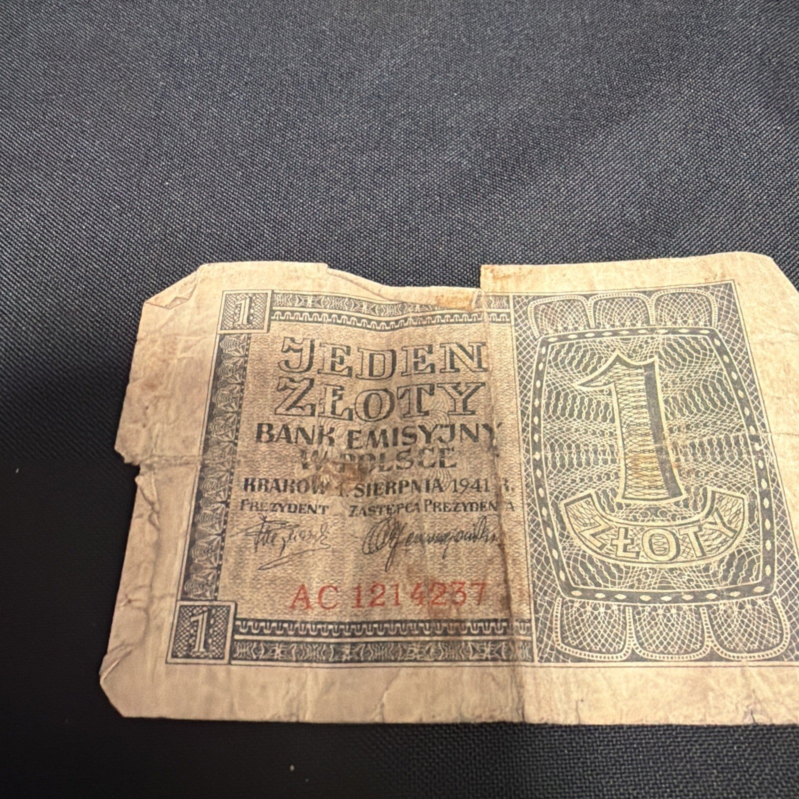 Bank Note Antique Poland 1 Zeoty Jeden Circulated 1941 - (2318)