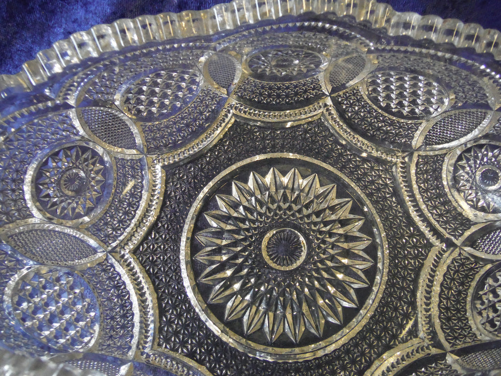 Antique Oblong Bowl Cut Glass saw tooth edge overlapping circles brilliant cut - (2986)
