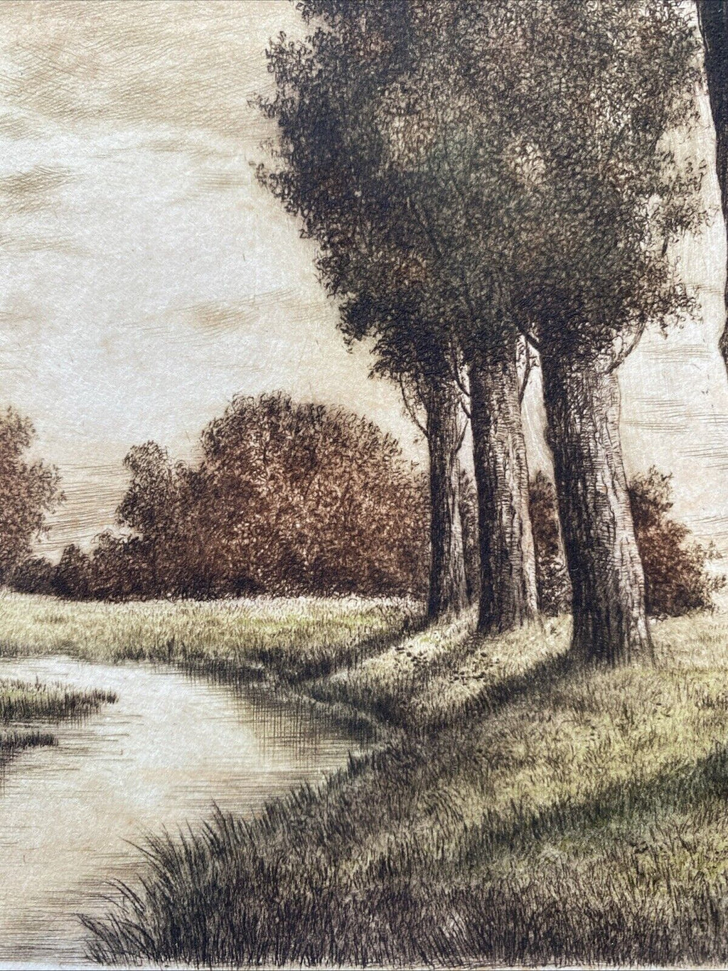 Prof. A Thalberg #4/10 Trees by a Stream Original Coloured etching - (5858)