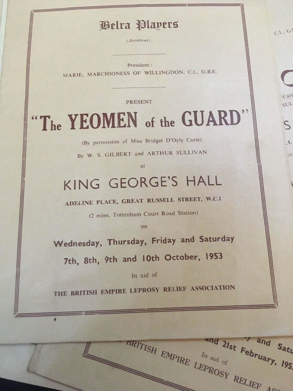 Belra Players King George's Hall Theatre Programmes x 9 1953 in aid of Leprosy -(2947)