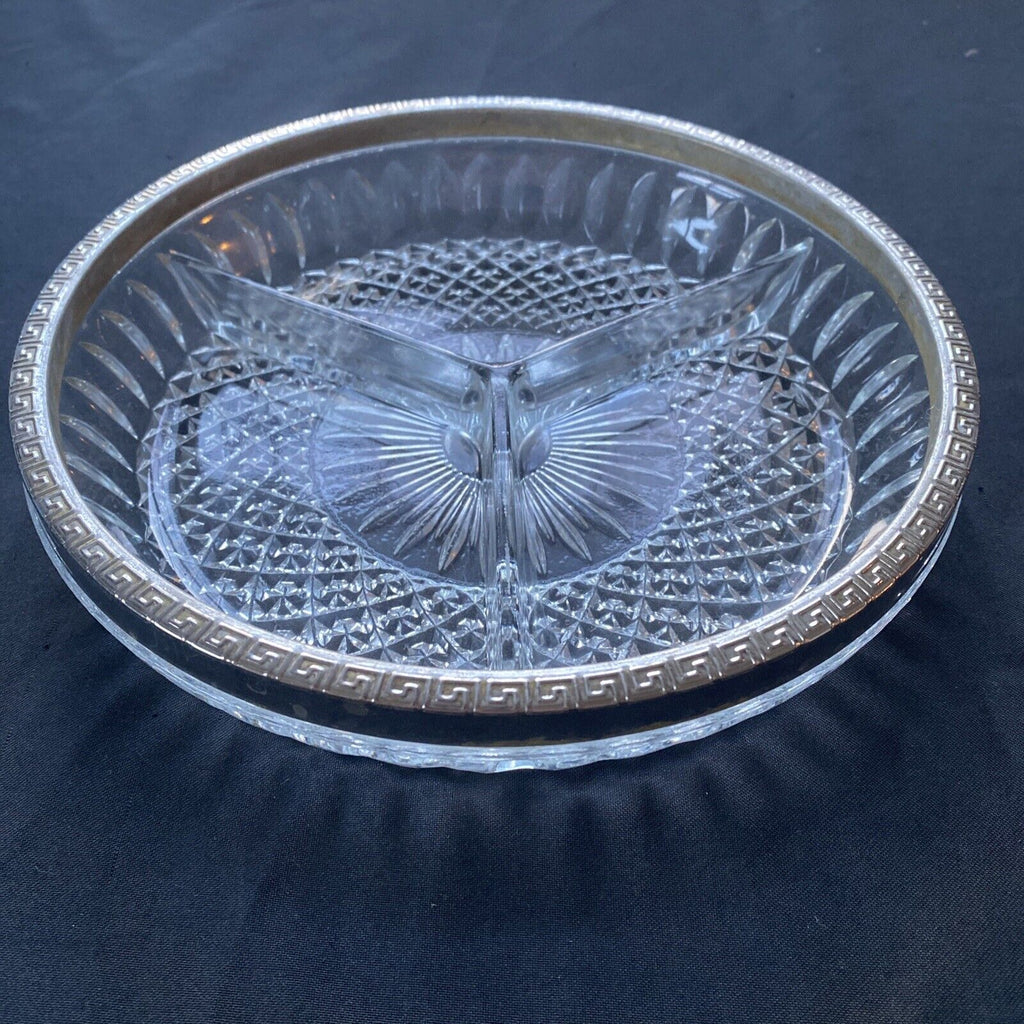 Vintage pressed glass segmented dish with white metal edge, heavy - (9612)
