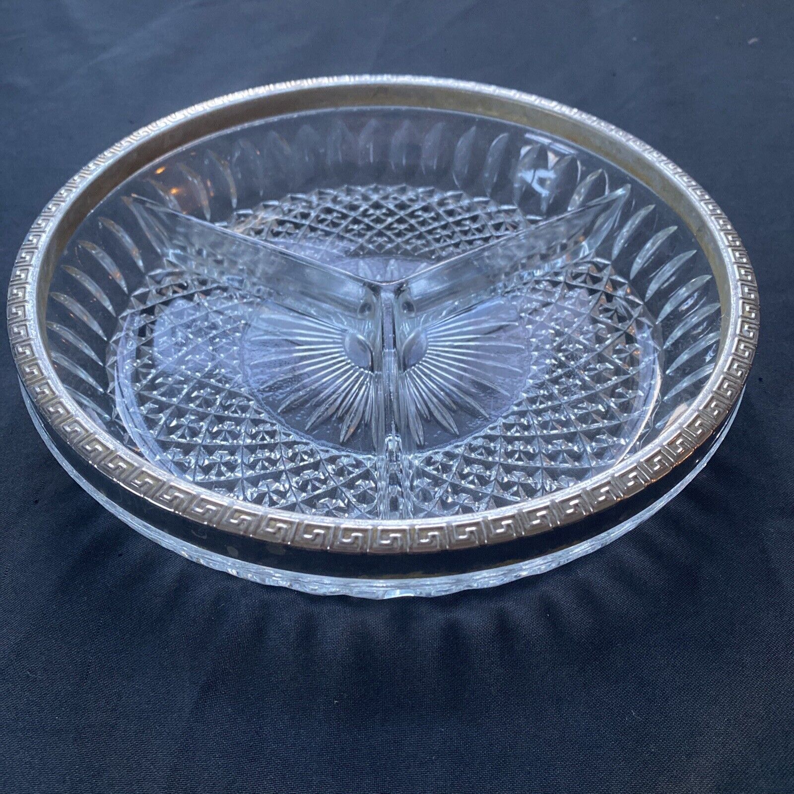 Vintage pressed glass segmented dish with white metal edge, heavy - (9612)