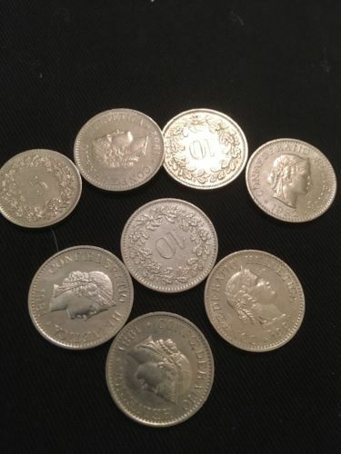 Switzerland 7 x 10 RAPPEN COIN + 1 x 5 Rappen - HELVETICA. 1960's & 1980's - (2820)