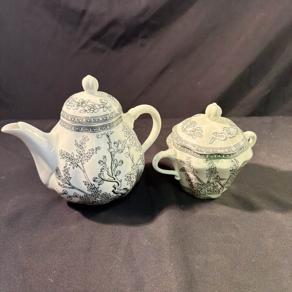 Coalport 1930's Black & White Indian Tree Teapot and Sugar Bowl - (2049)