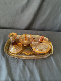 Vintage Pressed Glass Dressing Table Set Amber Tray, Pot, Ring Holder - (5458)