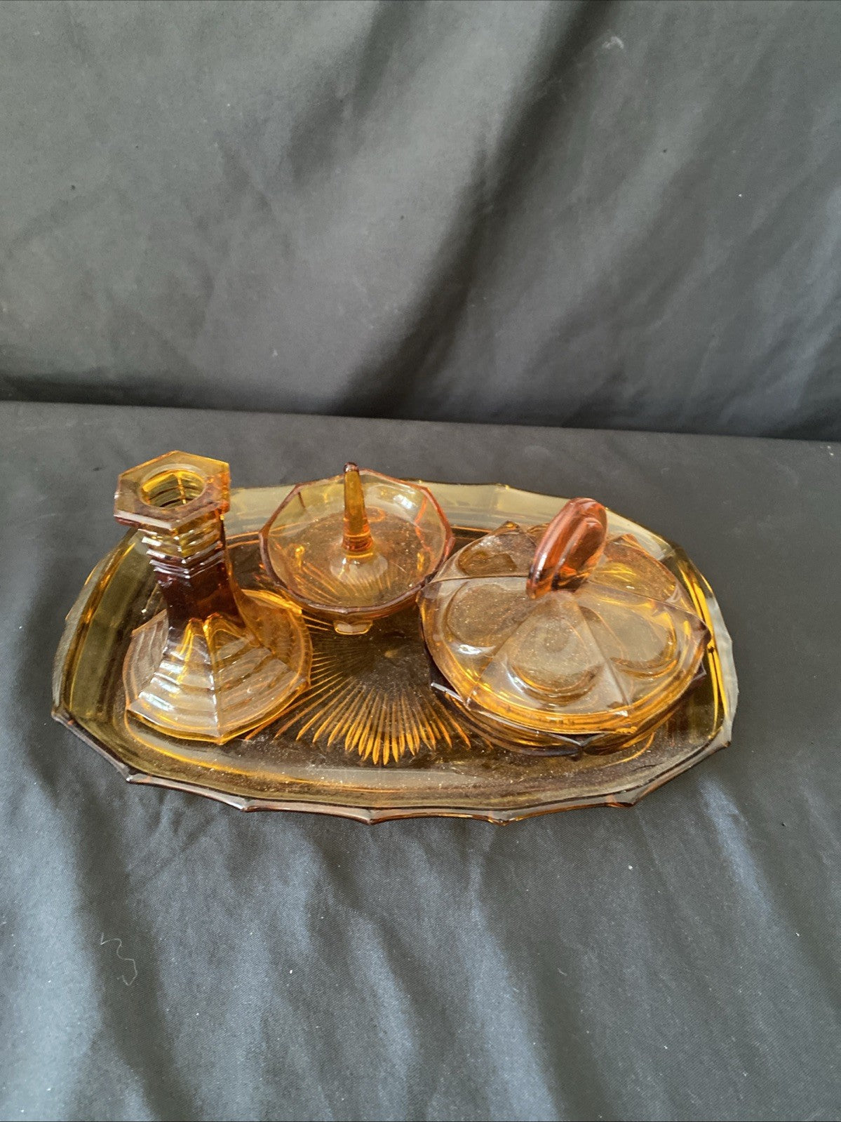 Vintage Pressed Glass Dressing Table Set Amber Tray, Pot, Ring Holder - (5458)