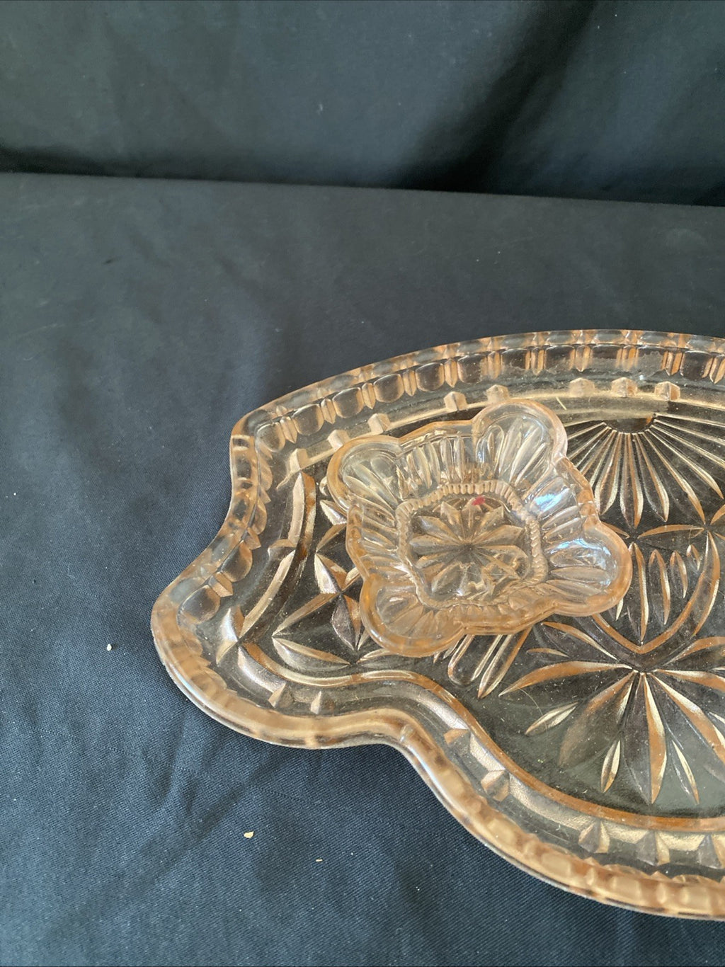 Vintage Pressed Glass Dressing Table Set Pink Tray, Pot, Trinket bowl - (5459)