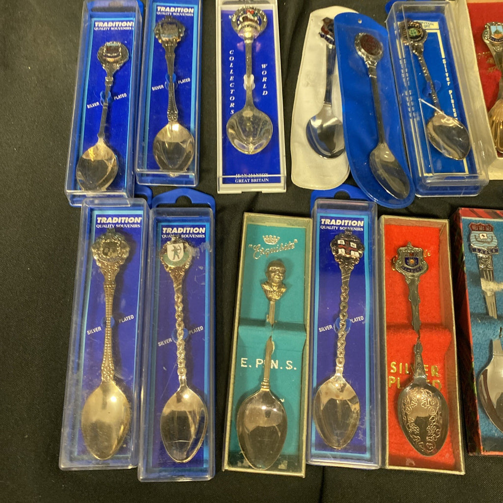 55 Collectable Souvenier Silver Plated Spoons Boxed Some Rare- (1585)