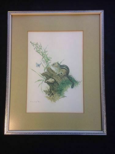 Glen Loates Canadian artist 1977 framed matted lithograph Chipmunk Y11008 (1633