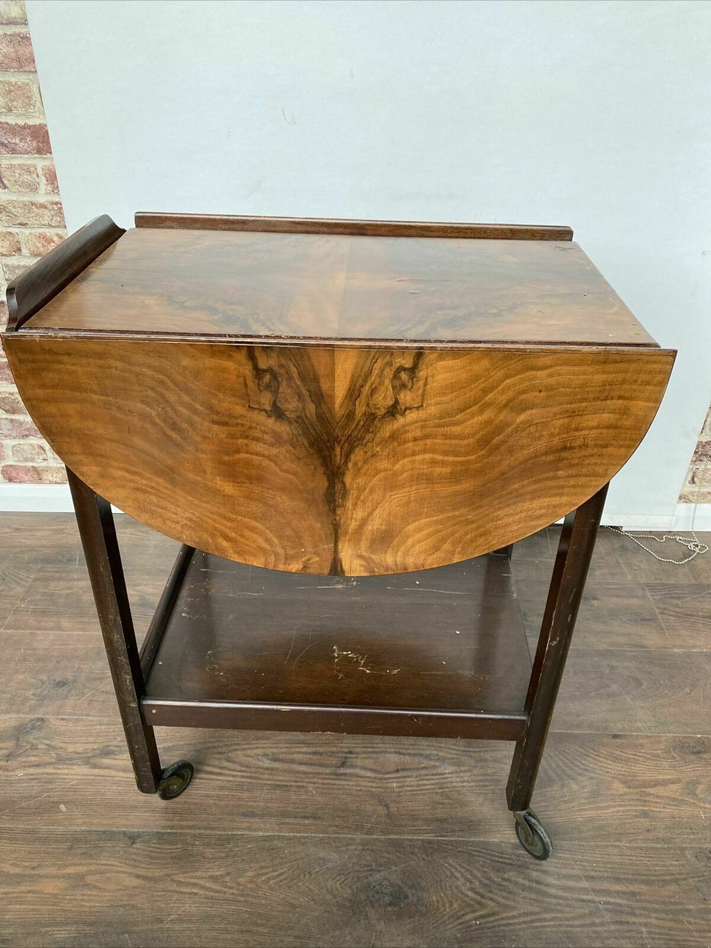 Antique Oak with walnut veneer Serving Trolley - Nice early solid trolley  drop leaf sides (8367