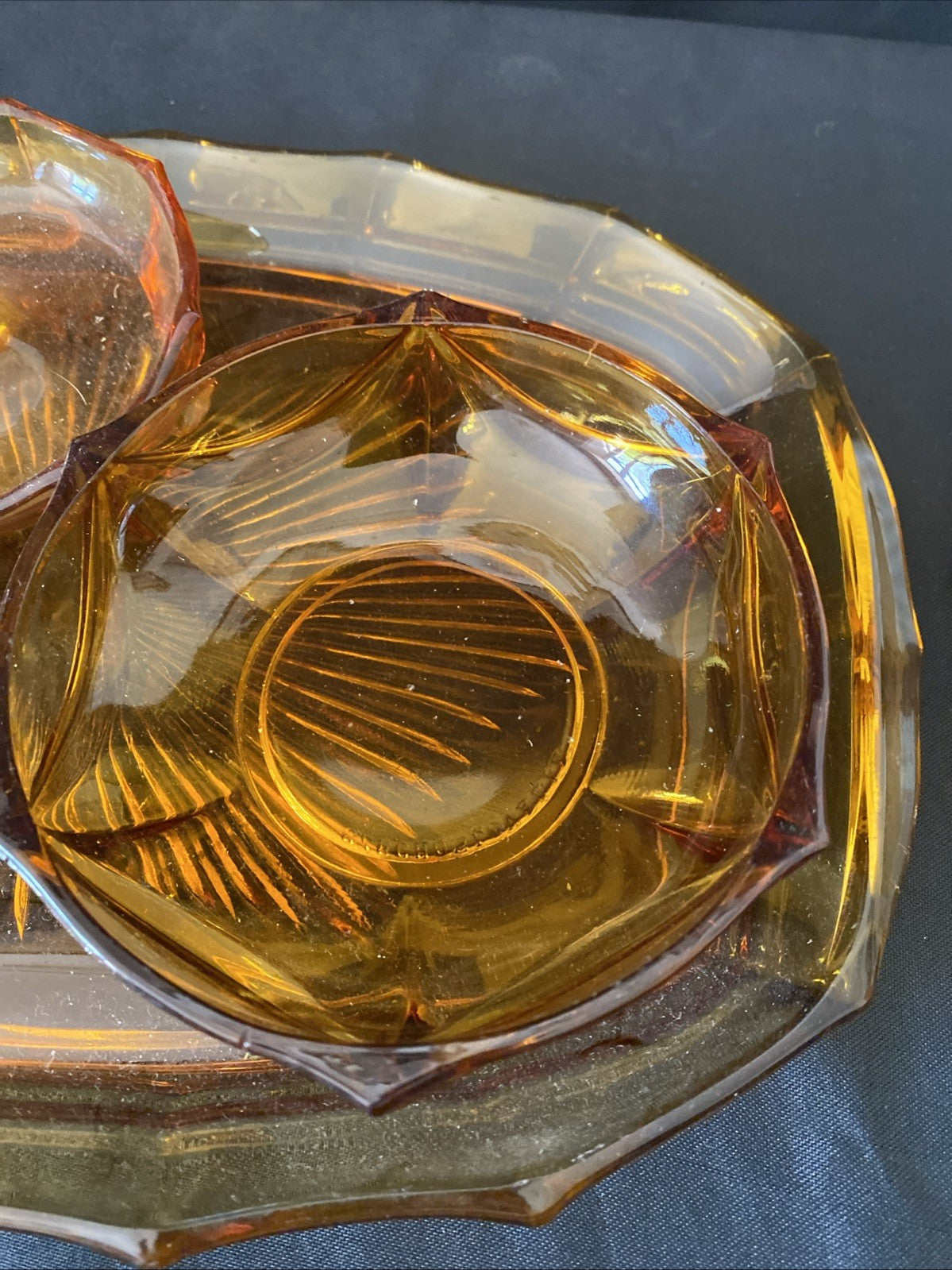 Vintage Pressed Glass Dressing Table Set Amber Tray, Pot, Ring Holder - (5458)