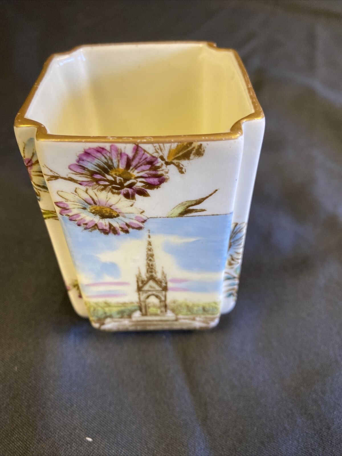 Antique Square Pot with The Horseguards & Albert memorial painted & Gilt (7717)