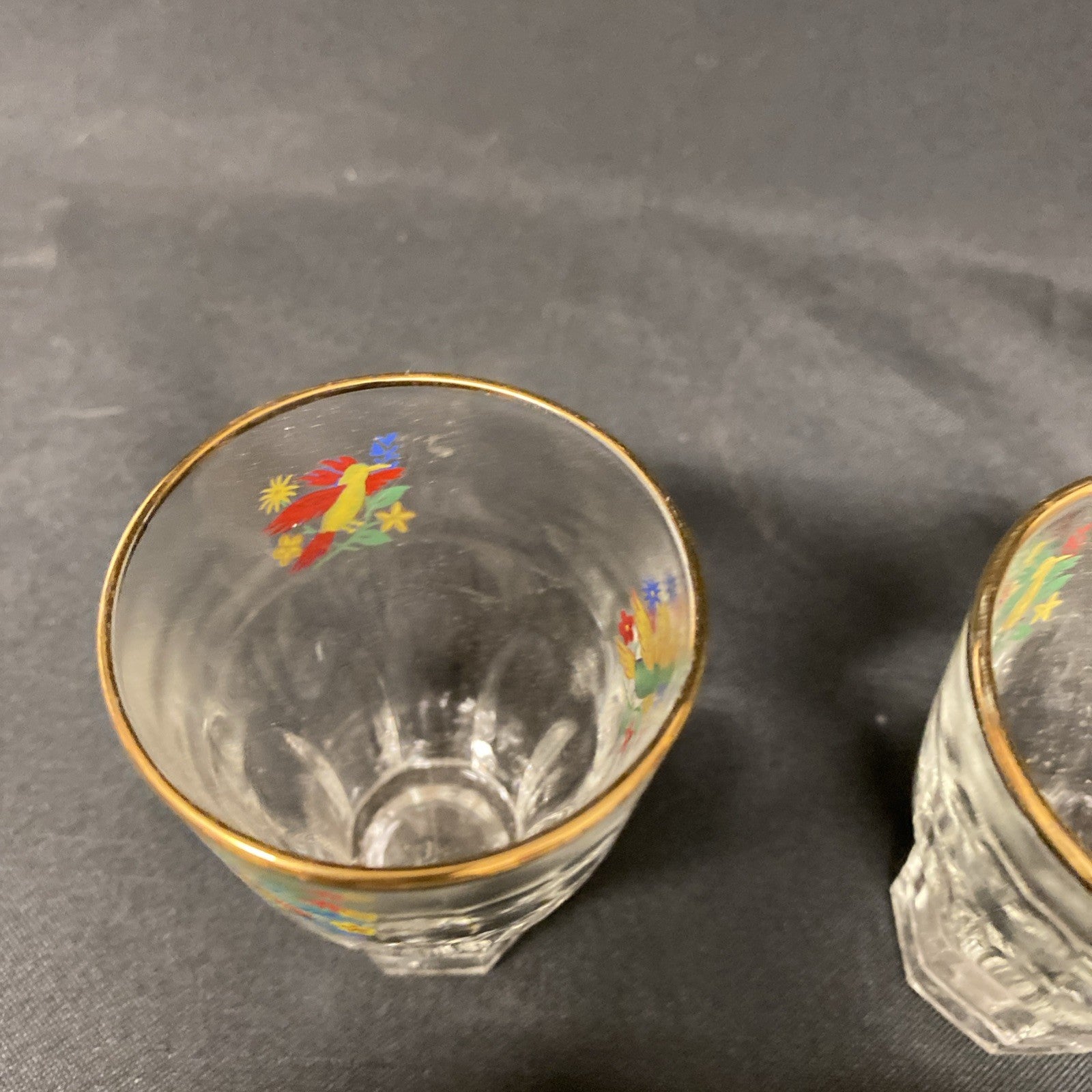 6 x Vintage 1950's Claymer Glasses Glass shot liqueur parrots design with REG mark (1482)