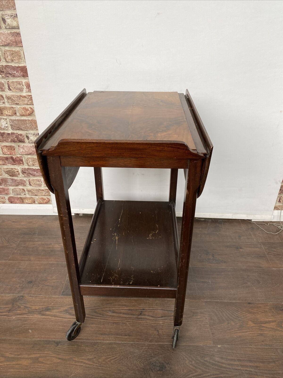 Antique Oak with walnut veneer Serving Trolley - Nice early solid trolley  drop leaf sides (8367