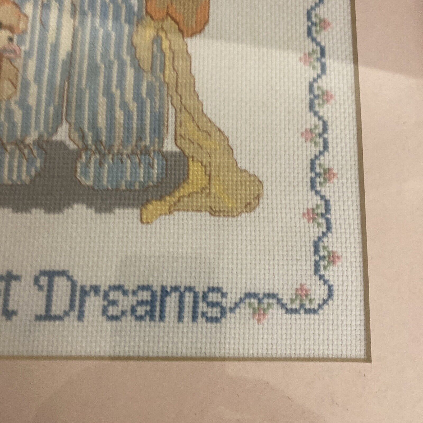 Cross Stitch COMPLETED Sweet Dreams Bedtime Bear 1990's Picture vintage (9099)
