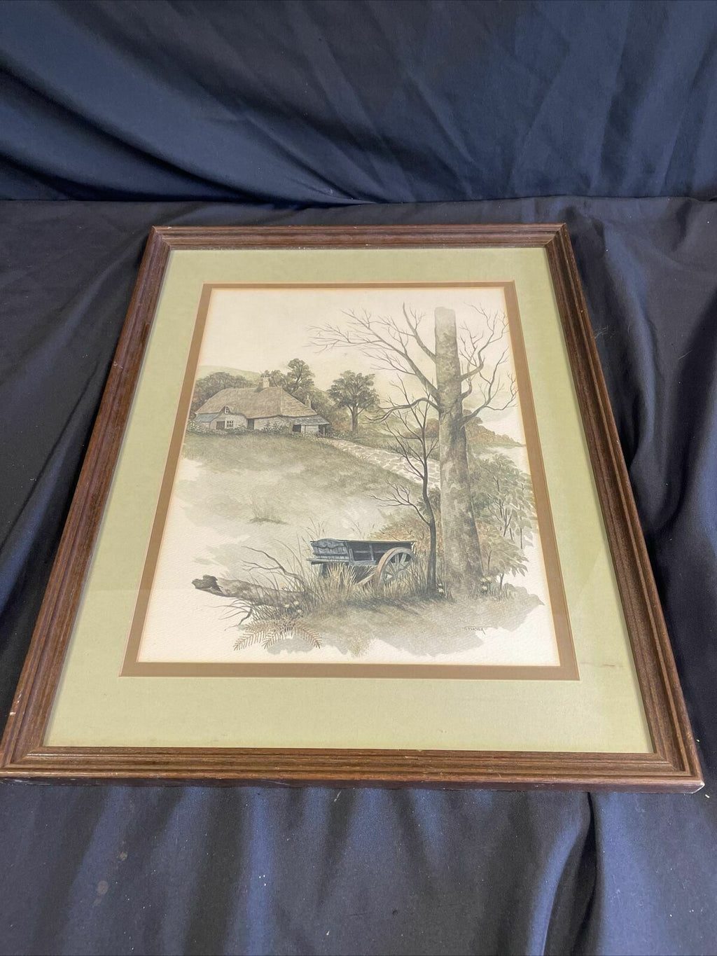 Vintage double matted watercolour print large by F Massa Hay Cart - (8142)