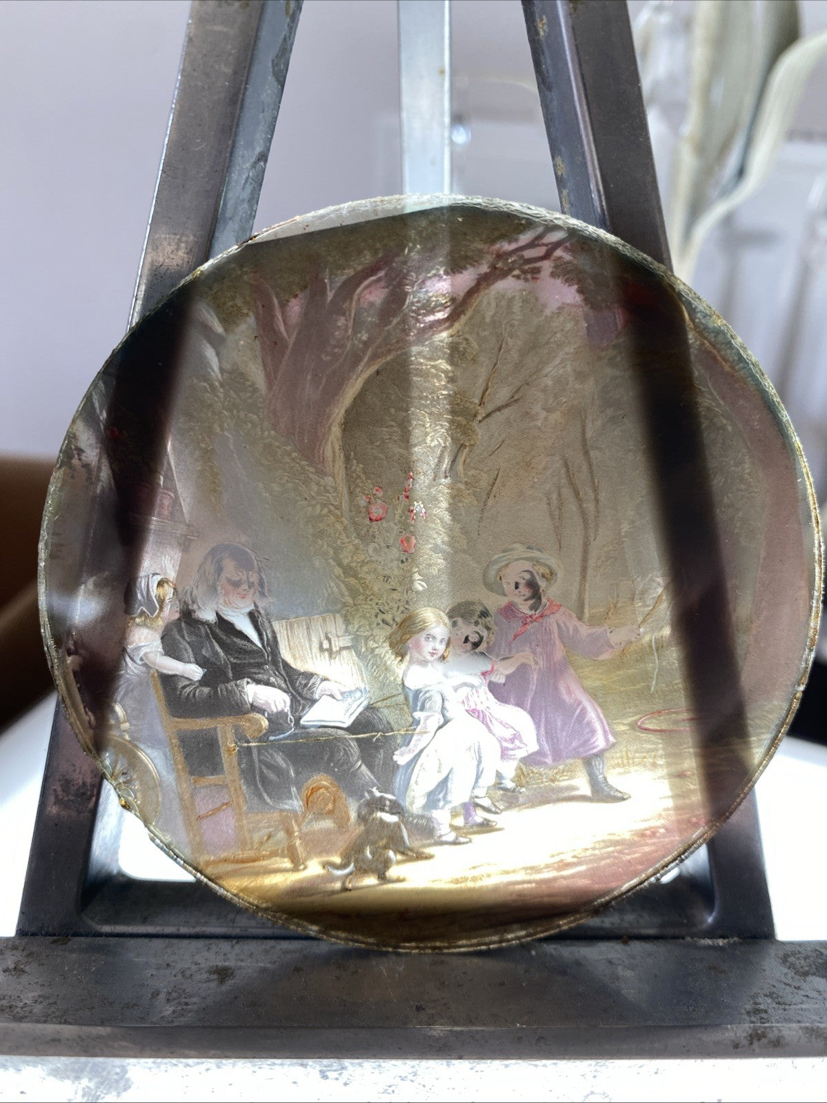 Magic Lantern Victorian Glass Round Handpainted Slide Children Playing (1135)
