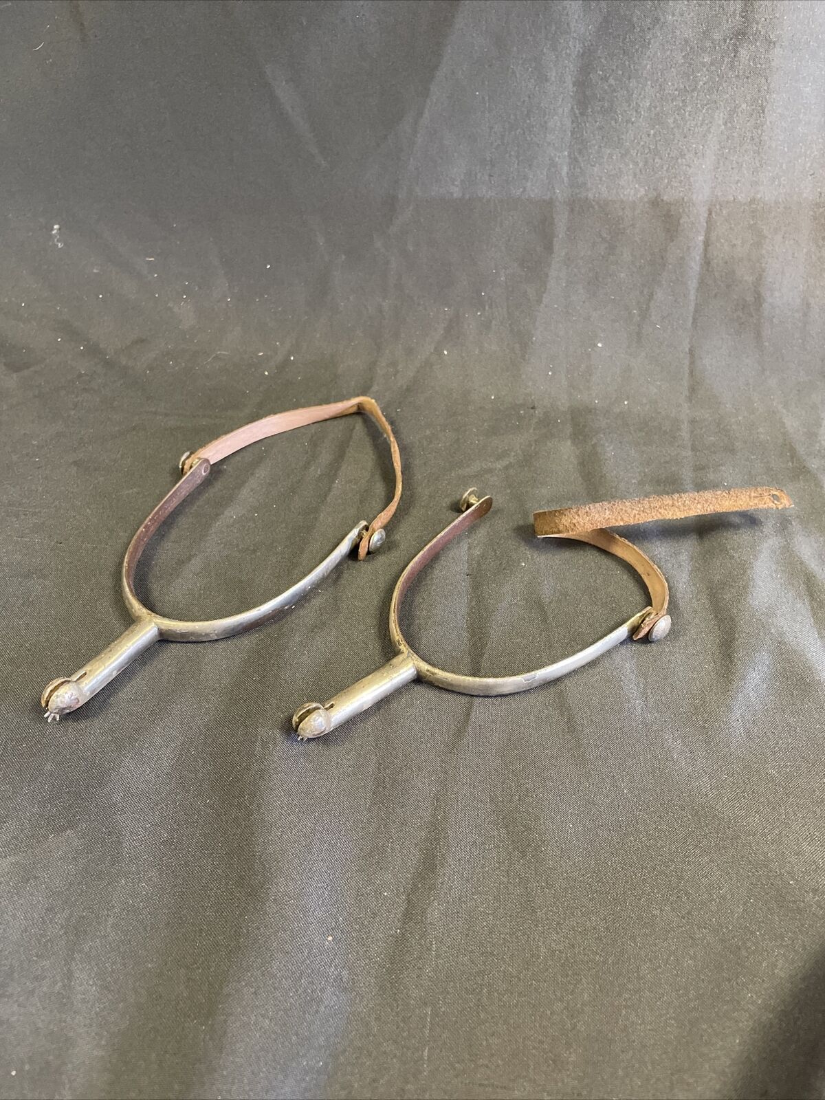 Antique Nickel Military Hunting Spurs sharp with leather straps WW1? - (8275)