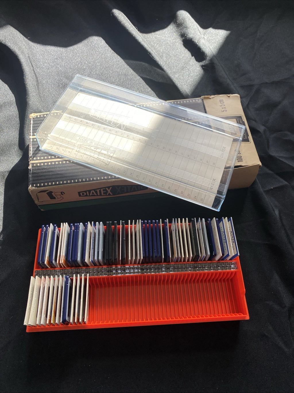 1960's Diatex 35mm Slide storage box 100 spaces + 63 scenic slides - 5493