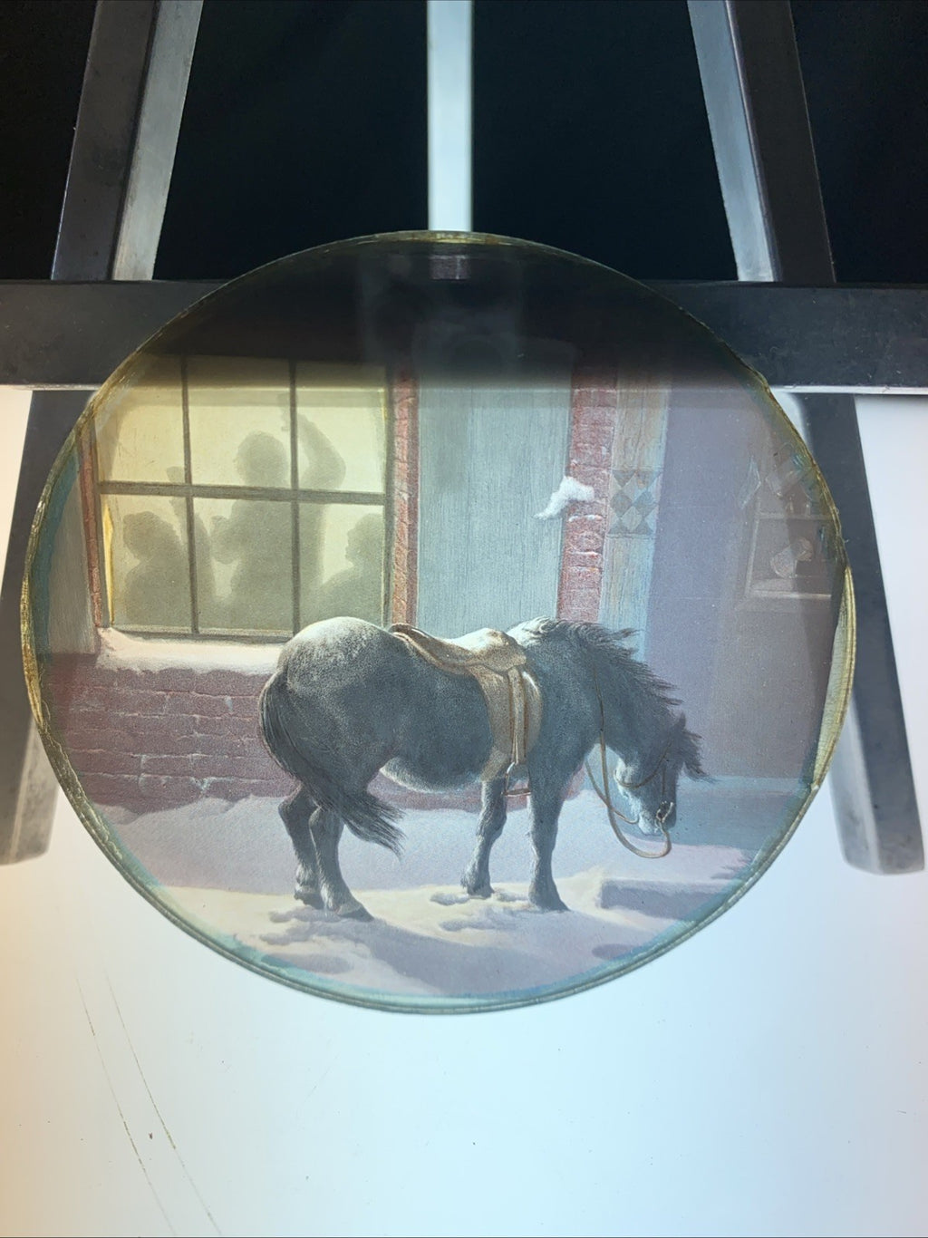 Magic Lantern Victorian Glass Round Handpainted Slide Horse & Tavern (1142)