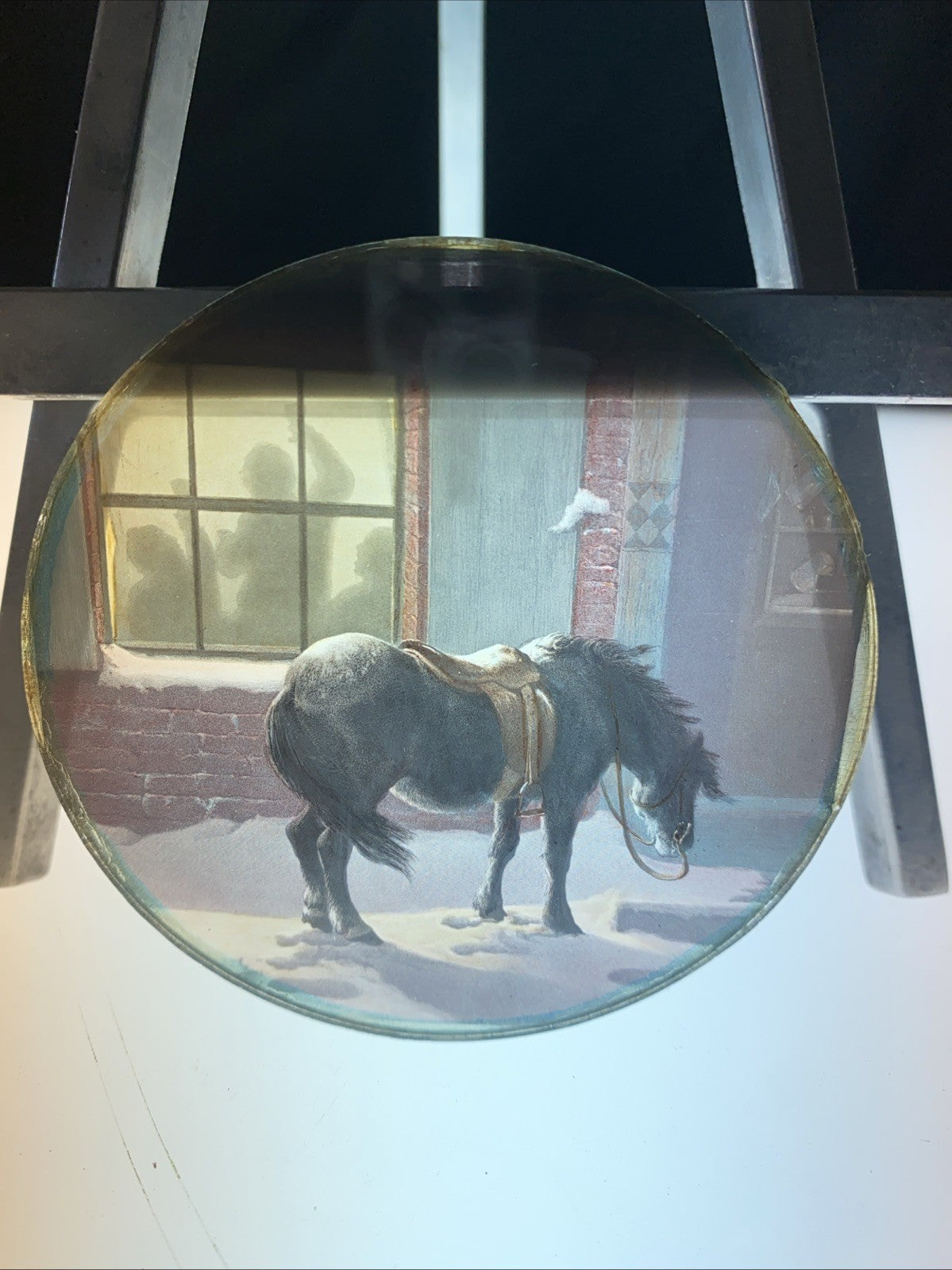 Magic Lantern Victorian Glass Round Handpainted Slide Horse & Tavern (1142)