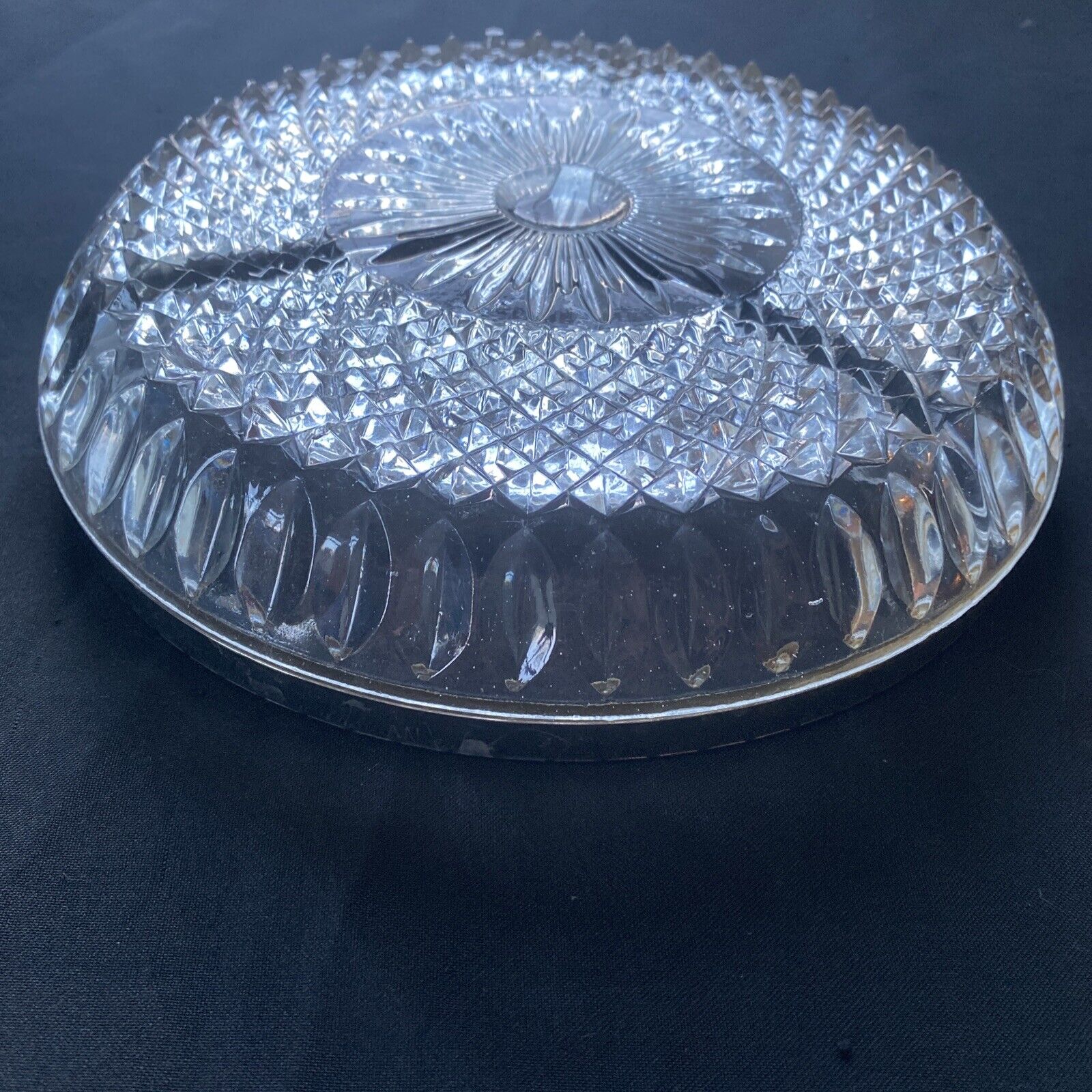 Vintage pressed glass segmented dish with white metal edge, heavy - (9612)