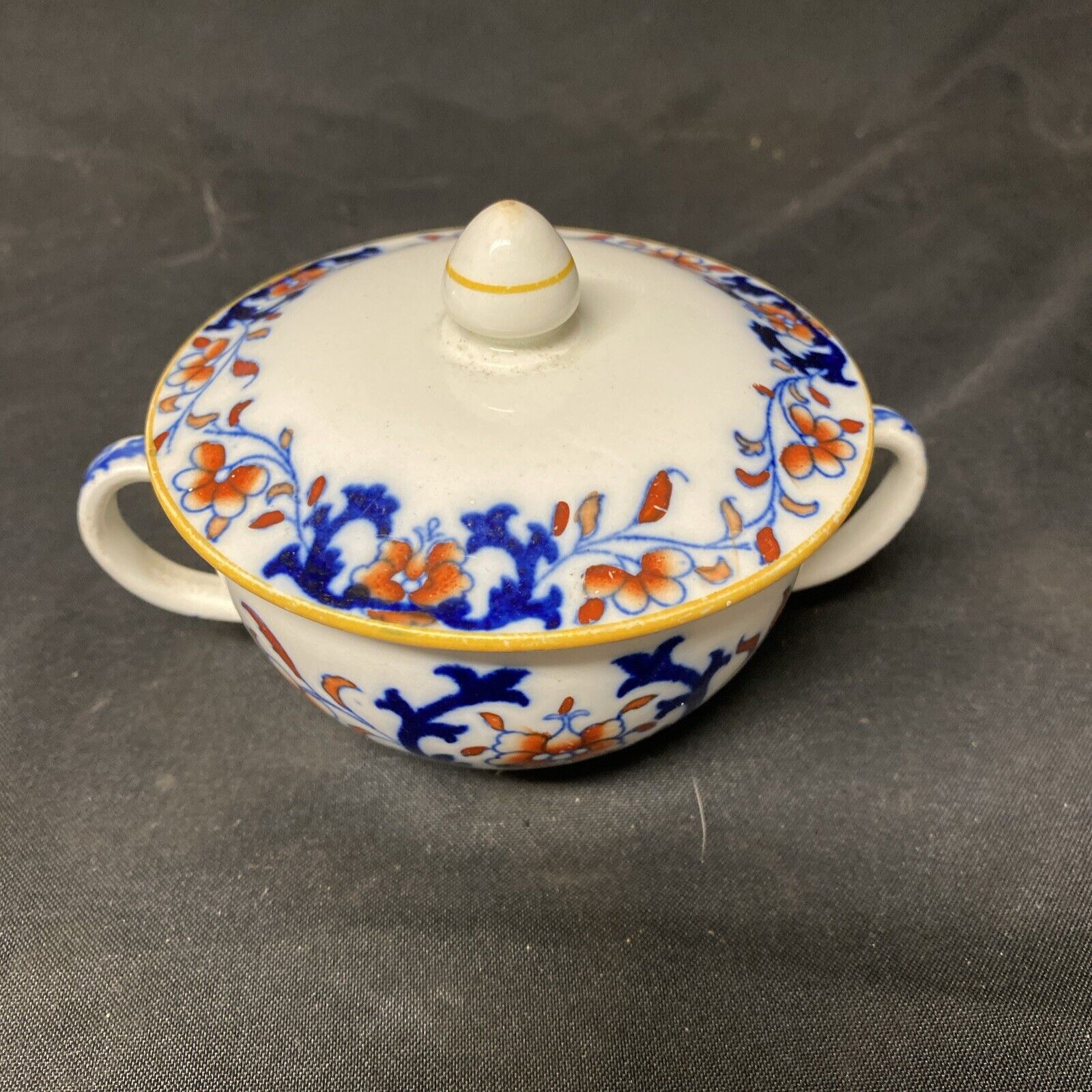 1860's MINTON Ceramic Imari bowl + Lid Floral Lyre England 10cm - (5240)