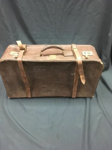 Antique Vulcan Leather Suitcase - Large prop theatre use - (2782)