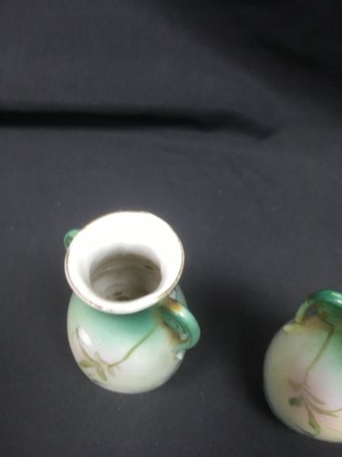 Japan bud vases pair vintage hand painted 11cm high green floral - (6686