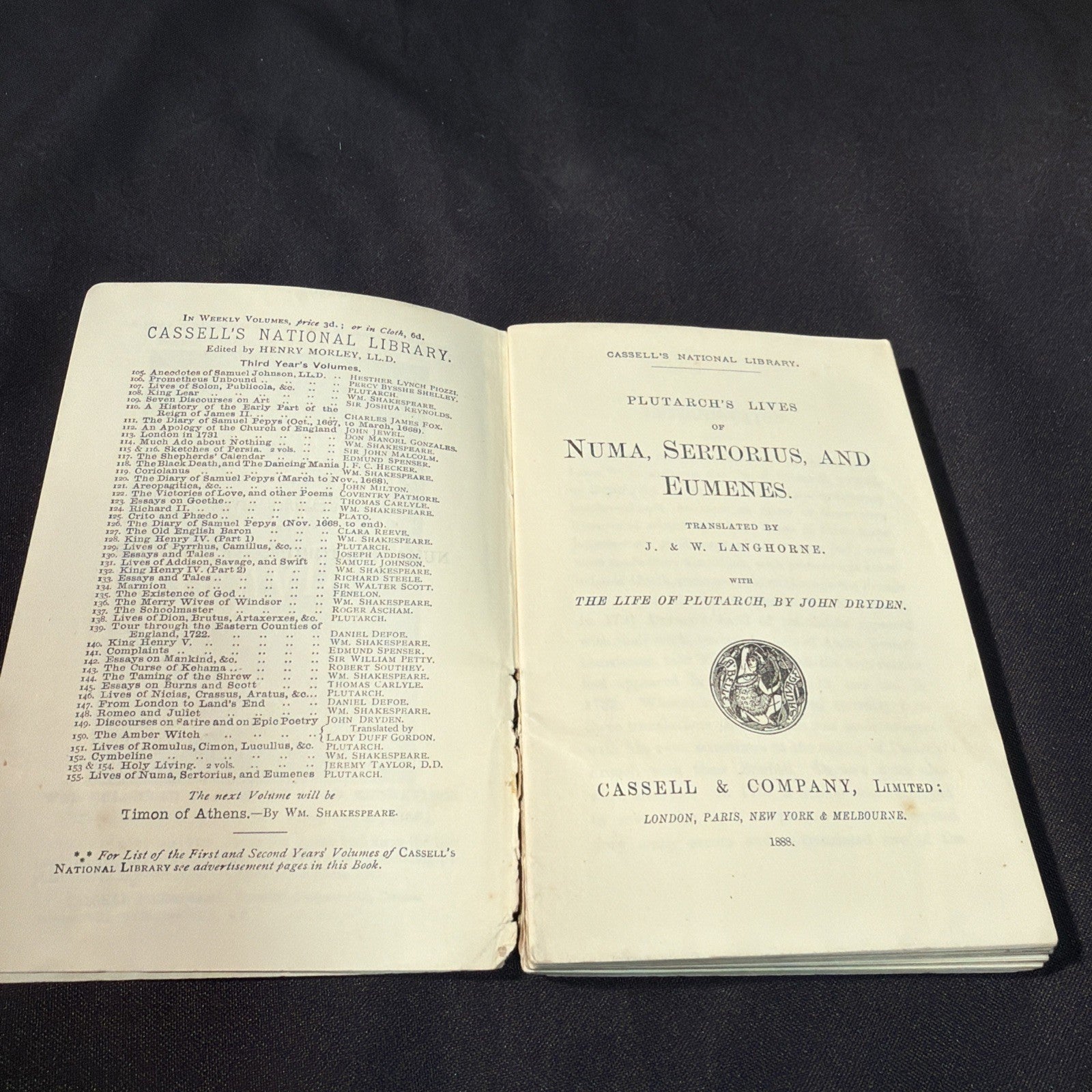 Cassell's National Library H Morley, Plutarch's Lives Numa, Sertorius, Eumenes (2006)