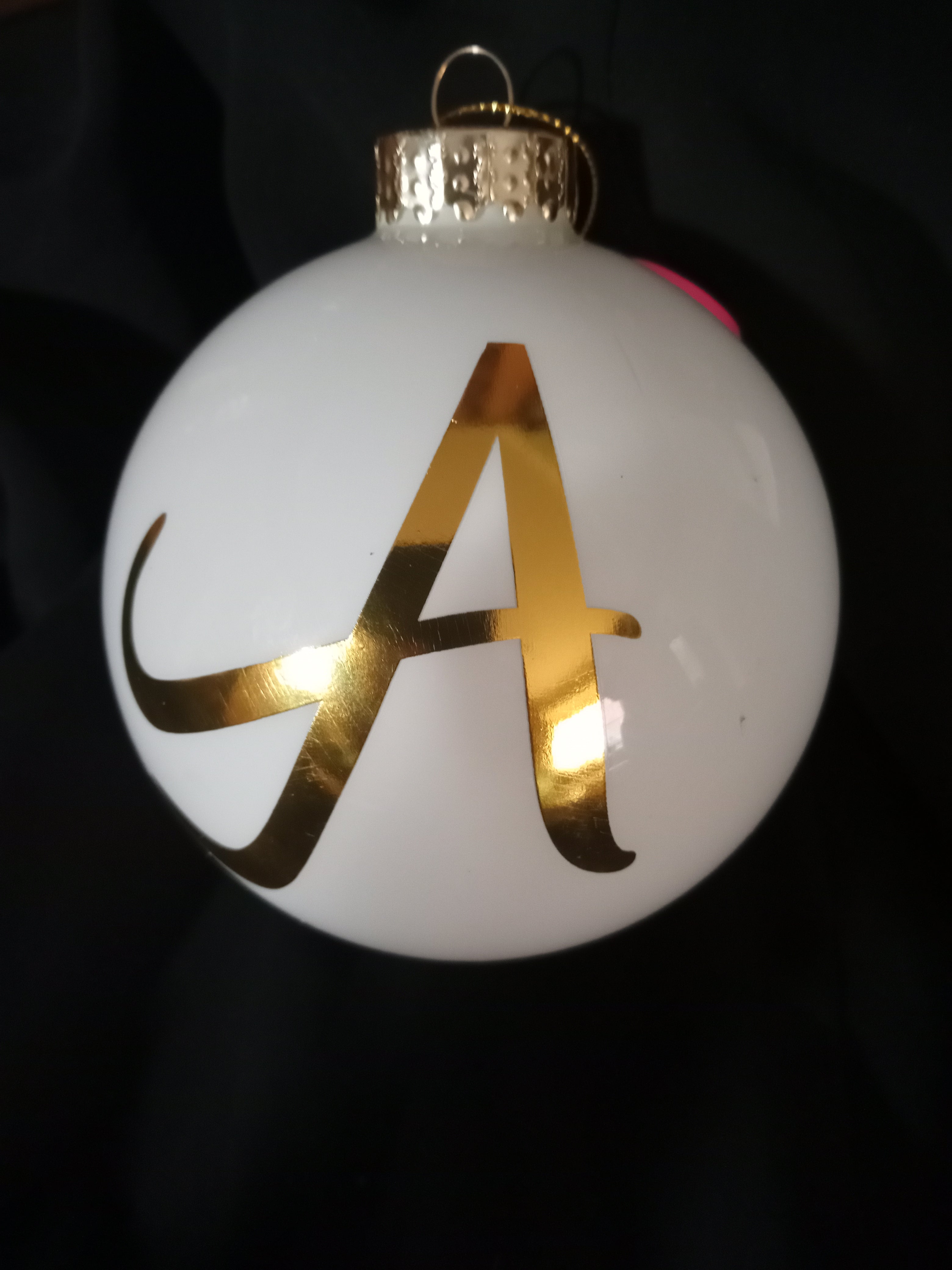 BULK BUY 4 x Christmas Tree Decoration Ornament - Hanging Glass White Bauble + a gold letter A