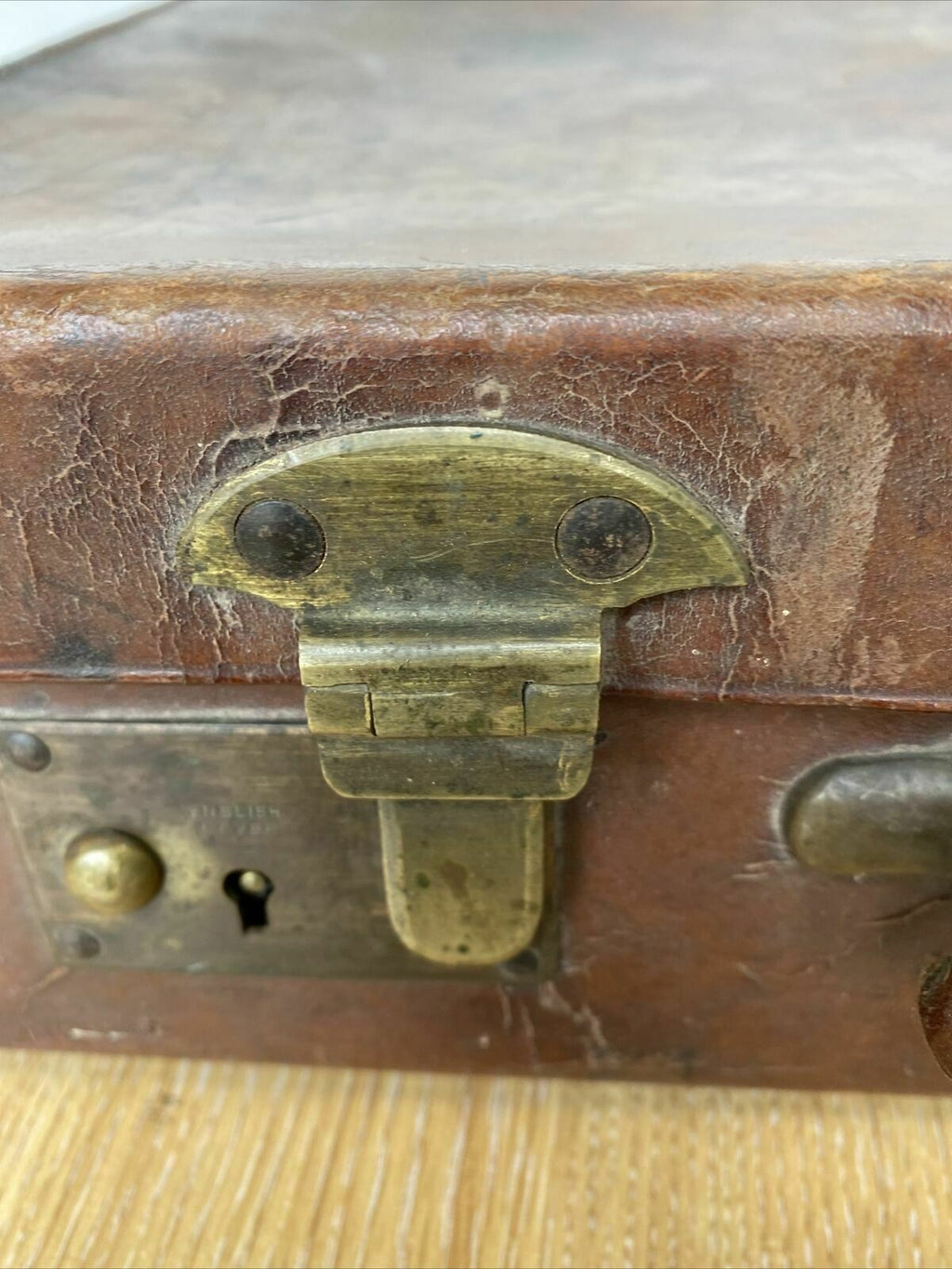 Antique Leather Briefcase- Heavy Leather needs work British made - (8299)