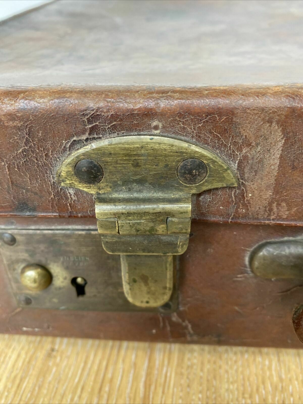 Antique Leather Briefcase- Heavy Leather needs work British made - (8299)