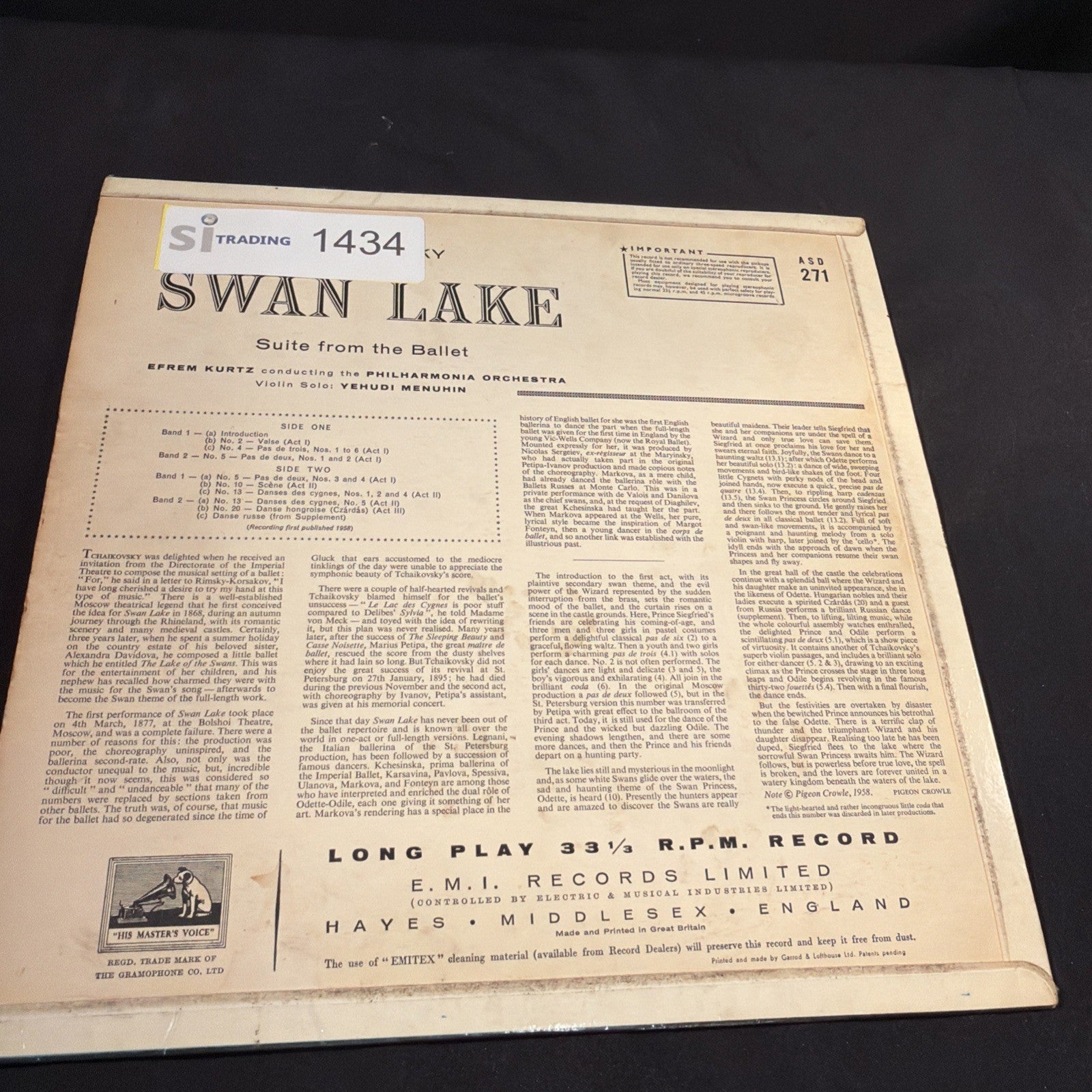 VINYL RECORD - Tchaikovsky Swan Lake Efrem Kurtz / Yehudi Menuhin 1958 - (1434)