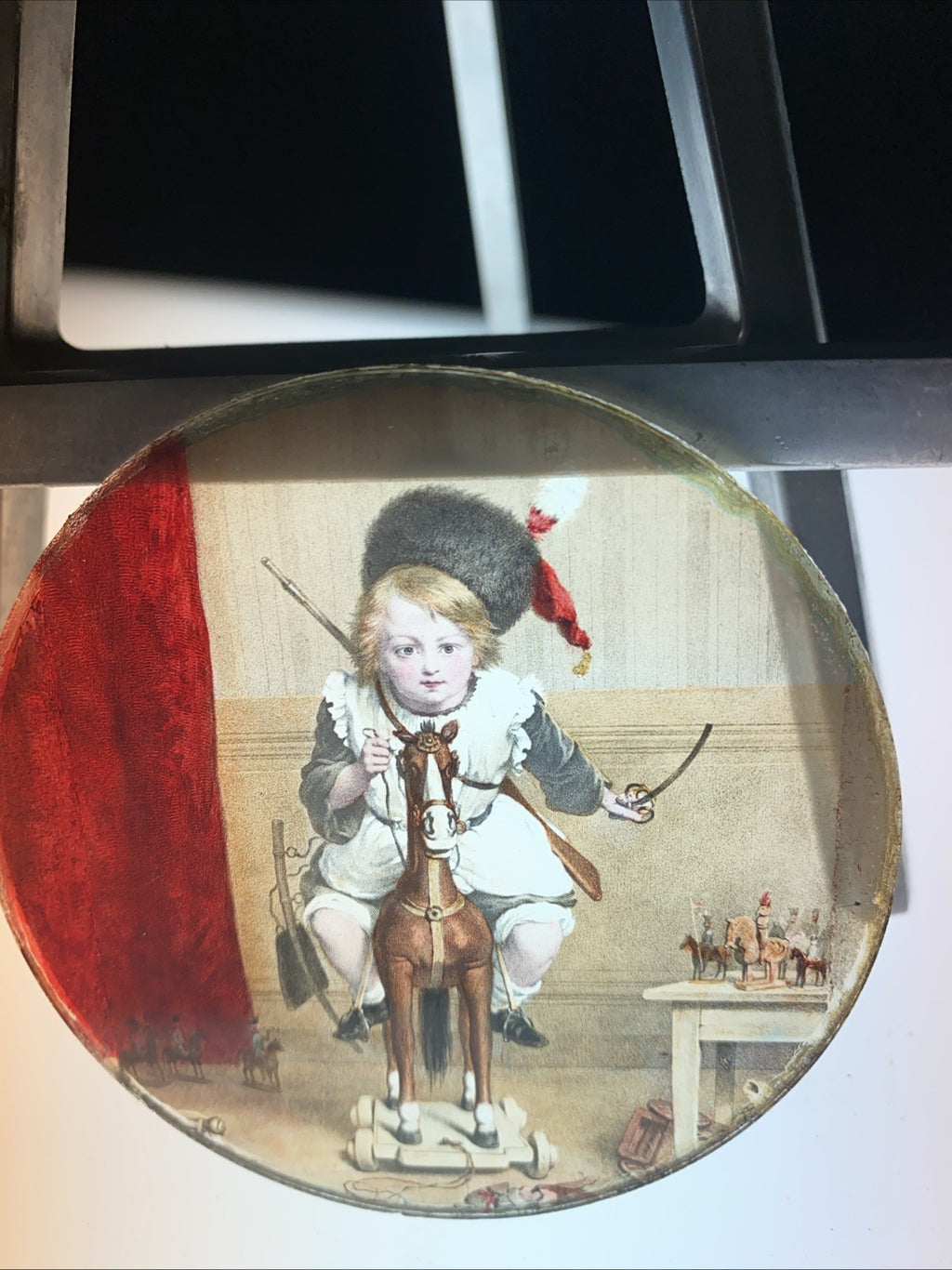 Magic Lantern Victorian Glass Round Handpainted Slide Playing soldiers (1106)