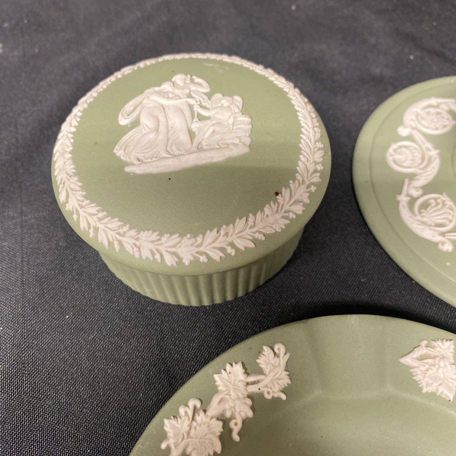 Vintage Wedgwood Jasperware Sage Trio Grecian Box Dish Candle Holder - (1603)